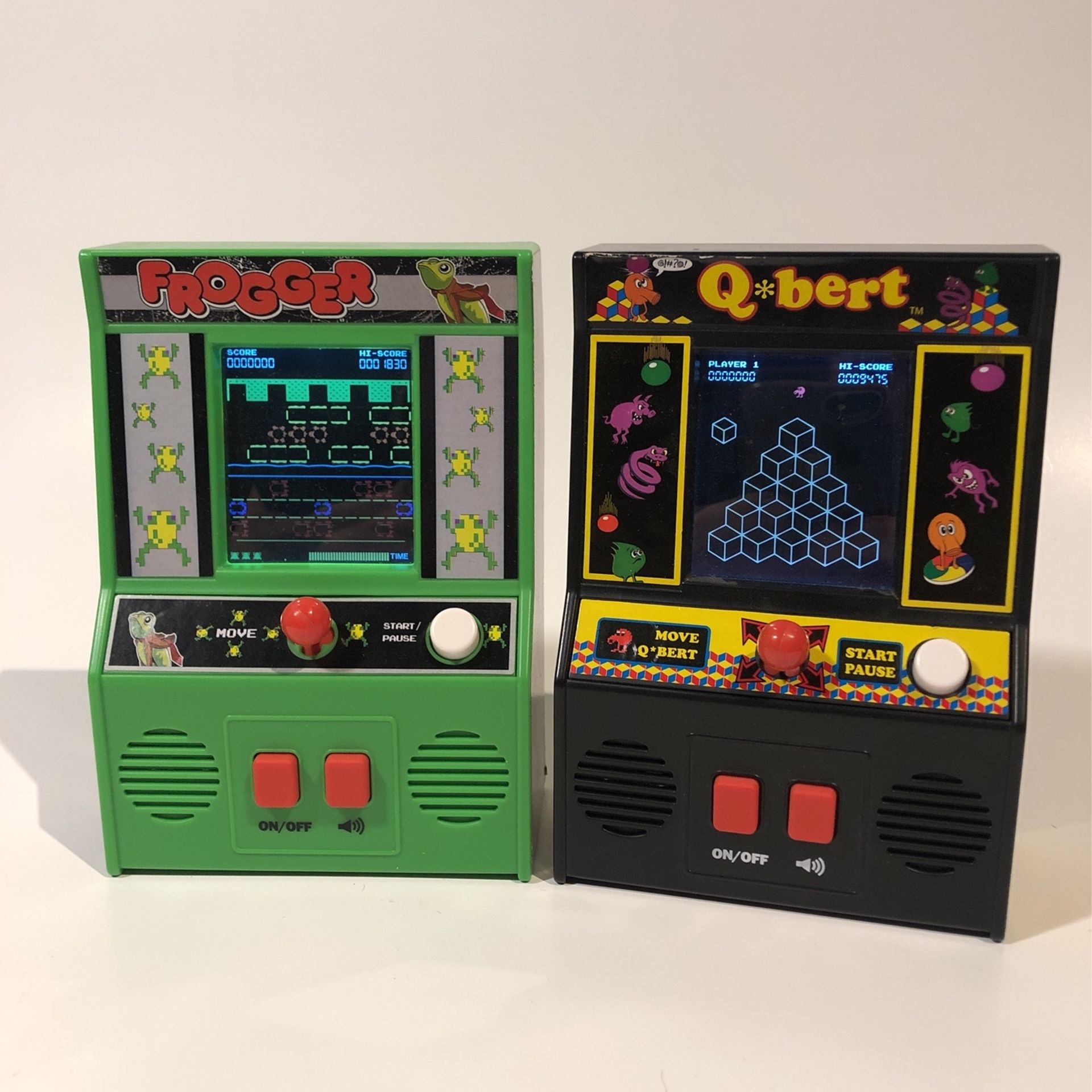2 Handheld Mini Retro Arcade Games - Frogger & Q-bert, Like New