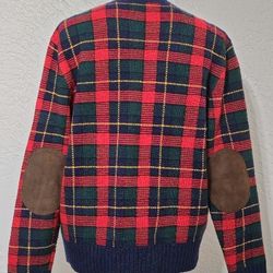Vintage Polo Ralph Lauren Sweater Crewneck Plaid Lambs Wool Leather Elbows Large