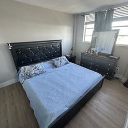 Modern Black Bedroom Set – Bed Frame + Dresser + Nightstand + 2 Box Springs