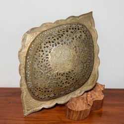 Vintage Perforated Etched Brass Ornate Tray Wall Hanging Decor