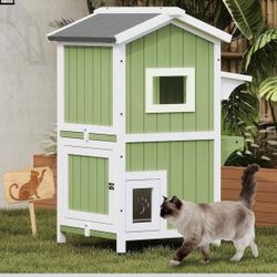Outdoor Cat House Shelter Weatherproof, Two Story Wooden Outside Feral Cat House with Openable Roof, Escape Door