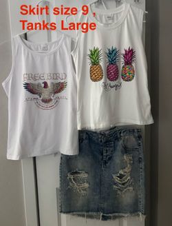 Graphic Tanks and denim skirt