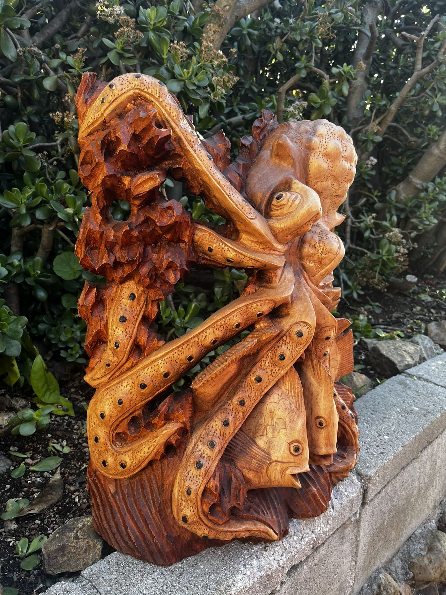 Hand Carved Wooden Octopus Carving Sculpture From Bali-20x20 Inches