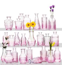 24Pcs Pink Glass Bud Small Flower Vases Set for Party Centerpieces Skinny, Floral, Wedding, Garden, table Decorations, Entryways, Home