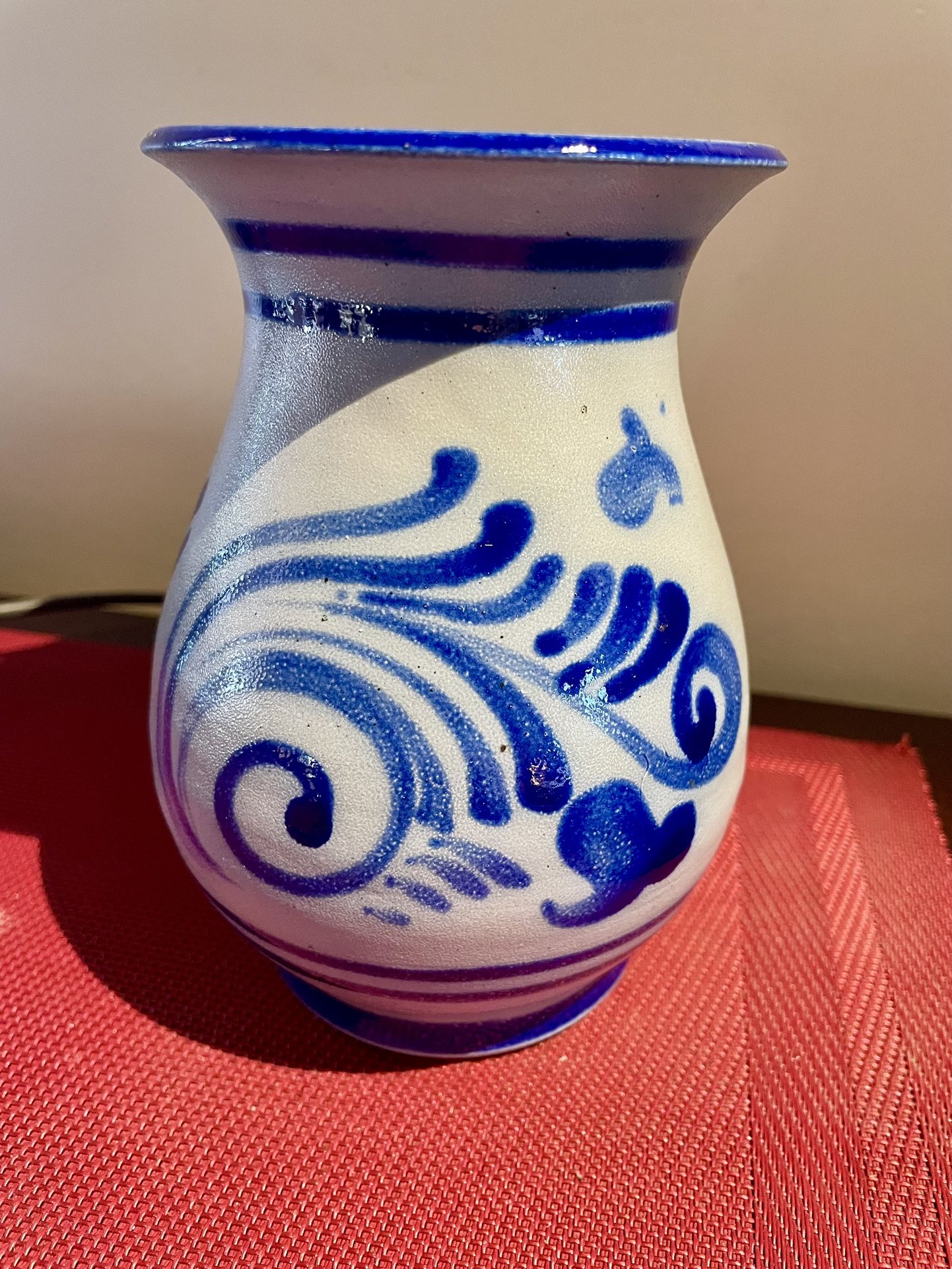 Vintage German Artisan Salt Glazed Pottery Vase Stoneware Cobalt Blue 6” Tall