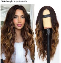 AISI HAIR Long Wavy Brown with Blonde Highlight Lace Hairline Wigs for Women, Middle Part Synthetic Heat Resistant Wig for Daily Party-26 Inch