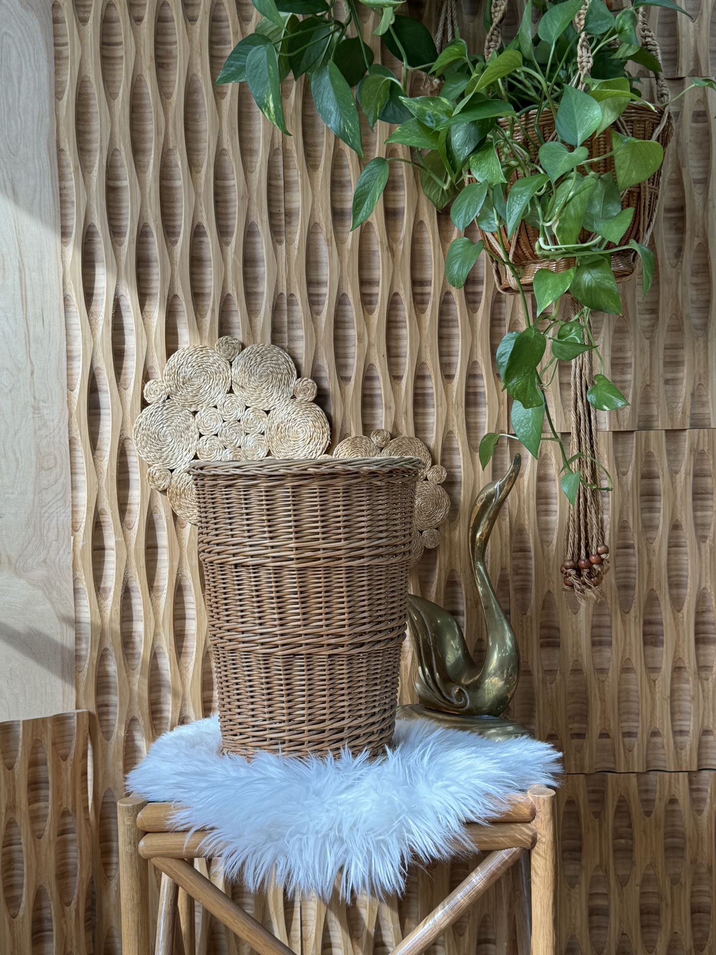 Vintage Tall Cylindrical Wicker Woven Basket Plant Pot Wastebasket Laundry Hamper Storage Boho Farm