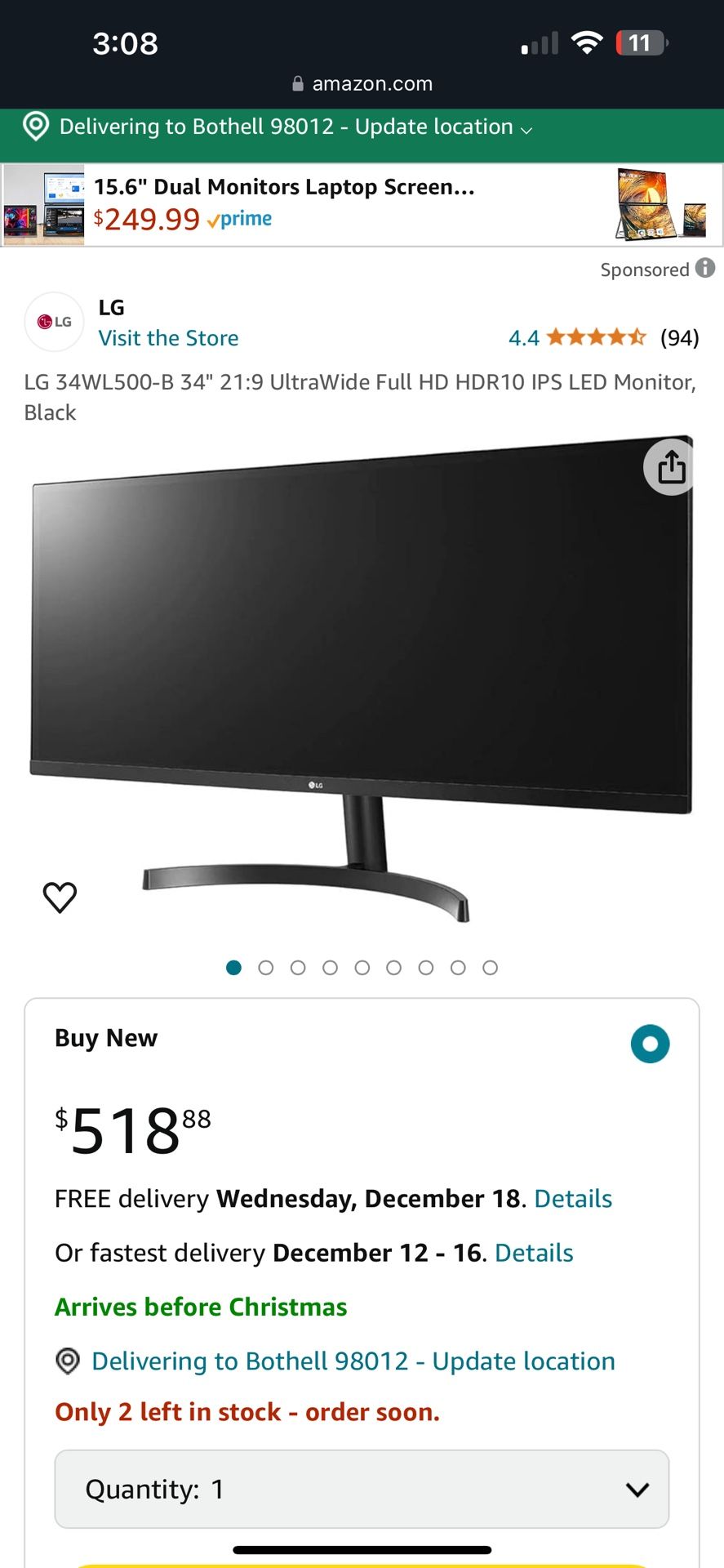 LG 34” Wide Monitor (34WL500)