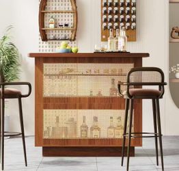 XK00380 new in box  Rattan Home Bar Unit, 4-Tier Liquor Wine Bar Cabinet with Stemware Racks