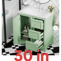 30 in. Retro Single Sink Freestanding Storage Bath Vanity in Green with White Ceramic Top,Drawers and Adjustable Shelves