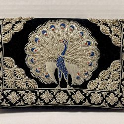 1920’s Antique Peacock Evening  Black Velvet and Silk Zardozi ZARI Embroidered Clutch