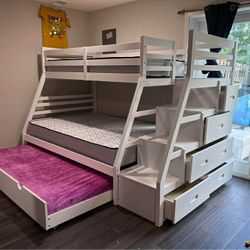 Jason White Twin Full Bunk Bed with Trundle // Delivery Available 