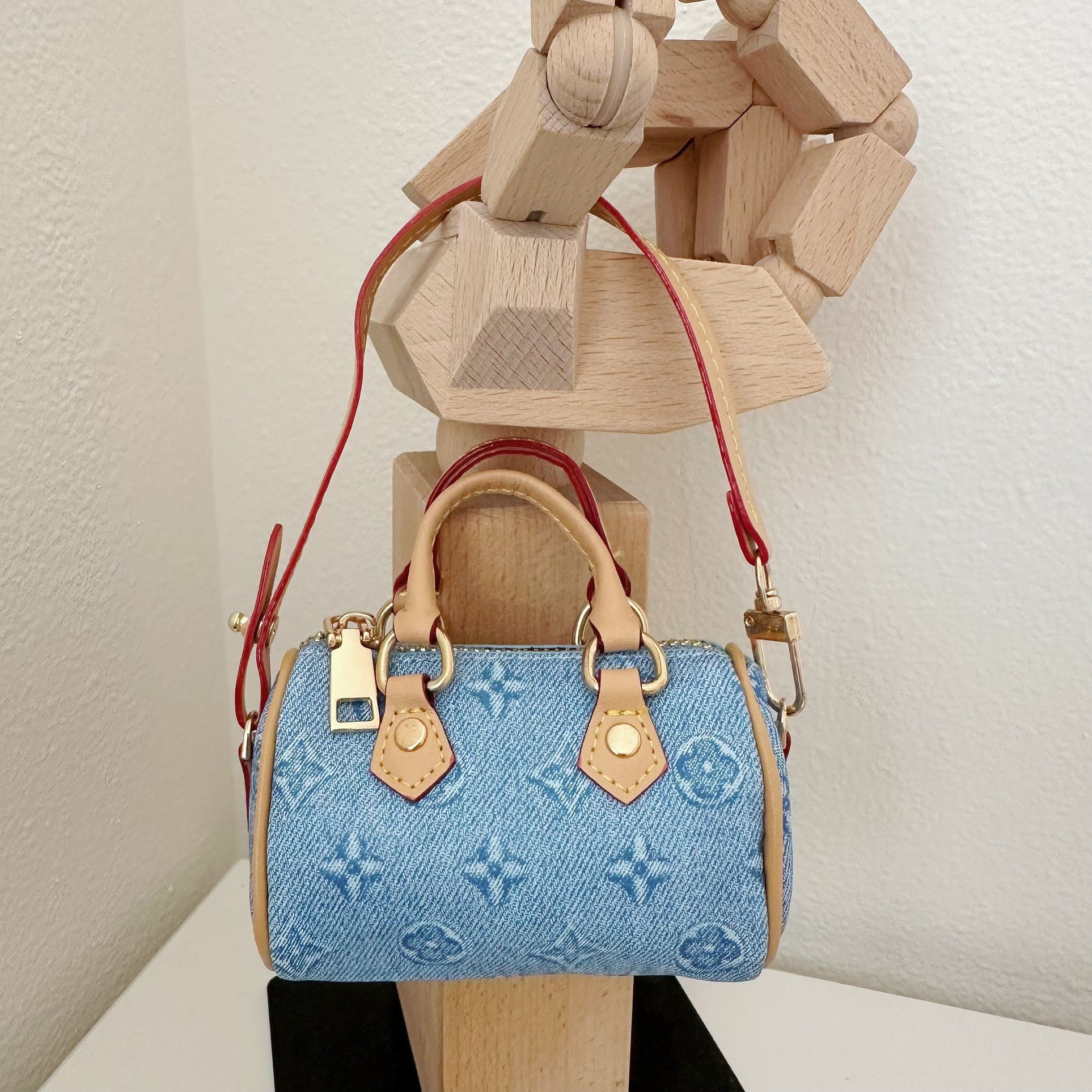 Mini Blue Denim Embossed Bag with Wrist Strap