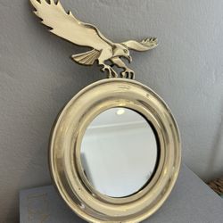 Vintage Round Solid Brass Mirror Eagle Federal Americana Decor Accent Wall Hanging Colonial Antique Collectible Eagle Regency Deco Mid Century Era 