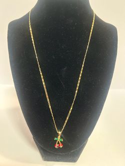 Gold Pleated 14K Charm and Cherry Pendant