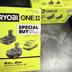 New sealed $150 each set   RYOBI ONE+ 18V Lithium-Ion Starter Kit with 2.0 Ah Battery, 4.0 Ah Battery, and Charger