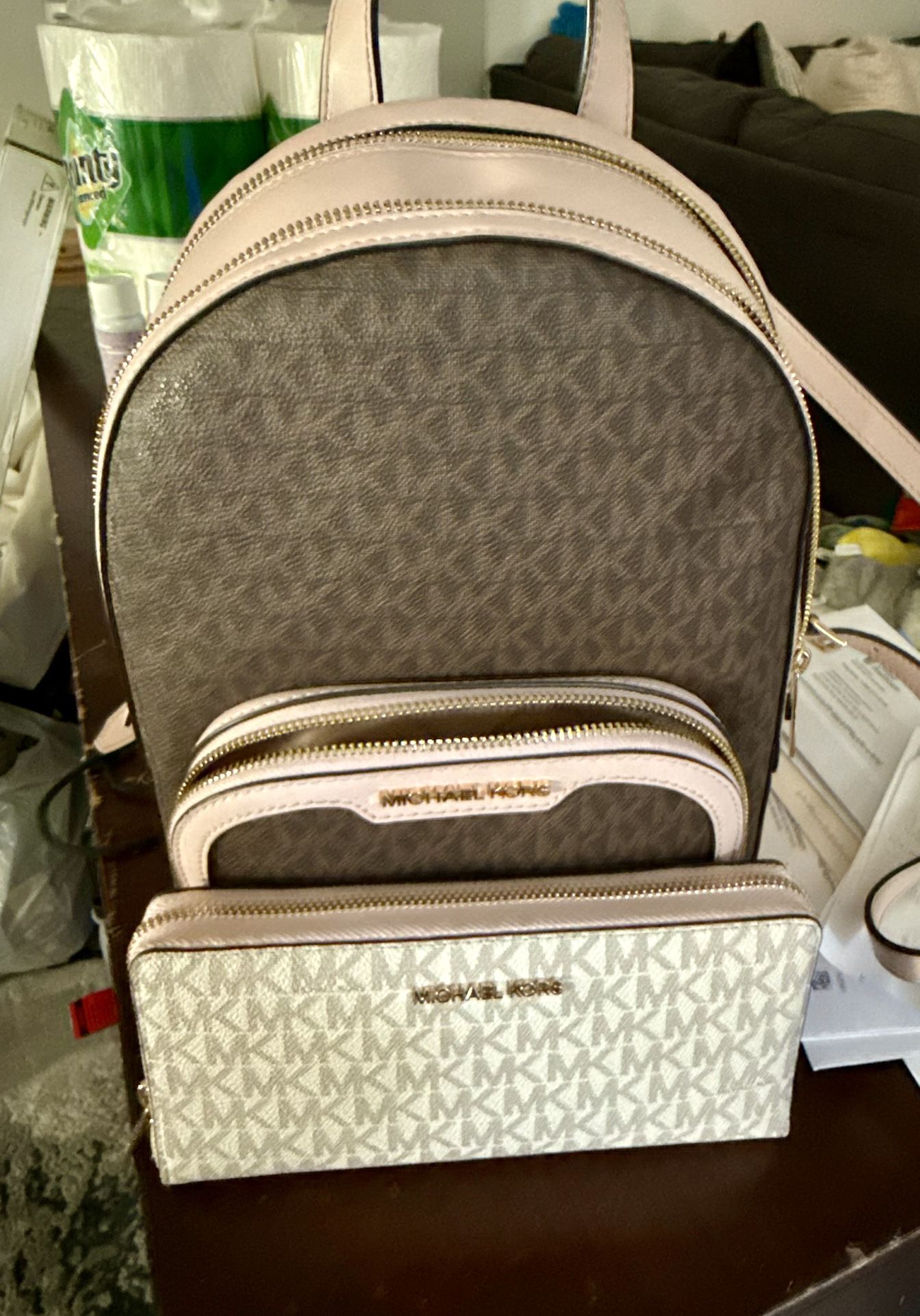 Michael Kors Medium Jaycee Zip Packet Backpack Brown/Light Pink & Wallet 