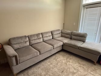 ✨ Modern Gray Velvet Sectional Sofa with Gold Legs & Nailhead Trim ✨