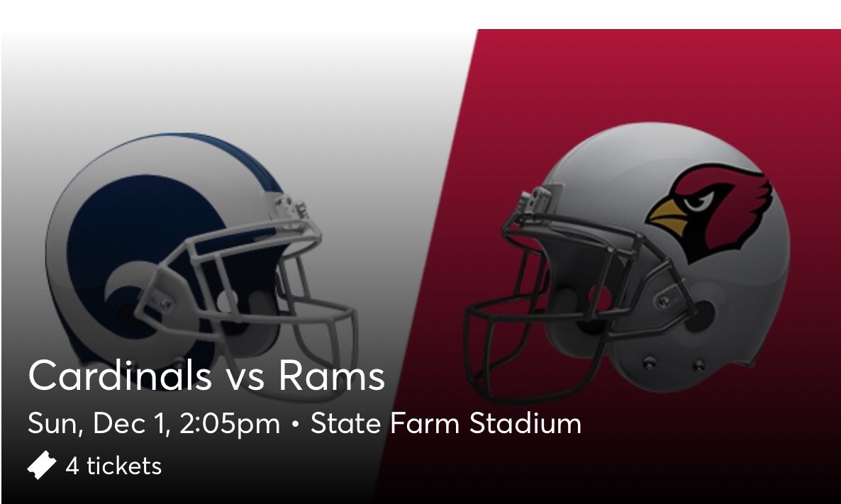 Cardinals vs Rams, 12/1, aisle seats, 4 tickets