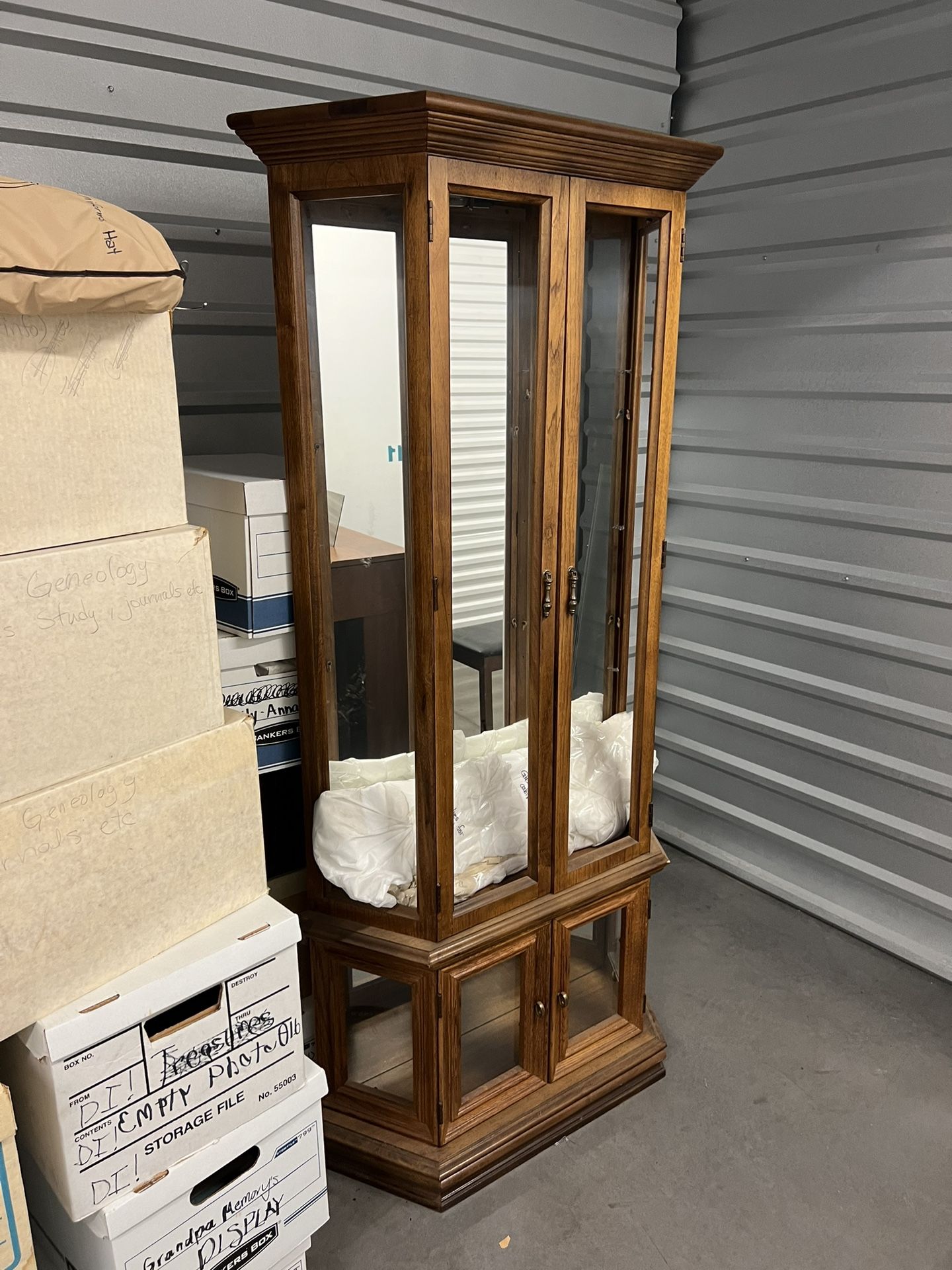 Oak Wood Lighted Vintage Curio Cabinet.