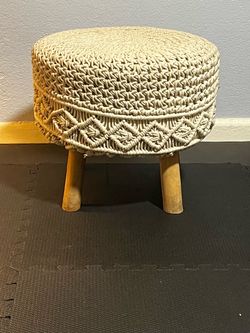 Round Macrame Ottoman Stool with Wood Legs