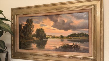Framed Oil Painting River Landscape with Gold Frame