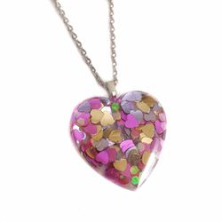 Purple/pink and gold heart glitter resin pendant on silver necklace handmade new