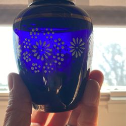 Cobalt Blue Glass, Small Antique Vase, 4 Inch Gold Hand-Painted Silver Plated Top