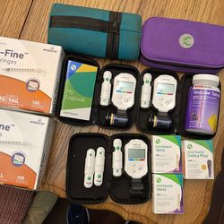 Diabetic supplies 3 test kits, test strips, lancets, glucose tabs. syringes