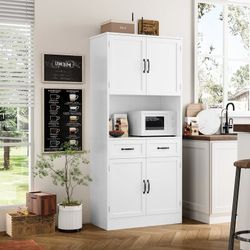 71" Farmhouse Kitchen Pantry Storage Cabinets with 2 Drawers and Adjustable Shelves, Wood Tall Hutch Storage Cabinet for Dining Room, White