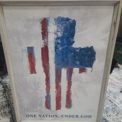 Abstract painting of an American flag with the phrase "ONE NATION, UNDER GOD" printed below. 