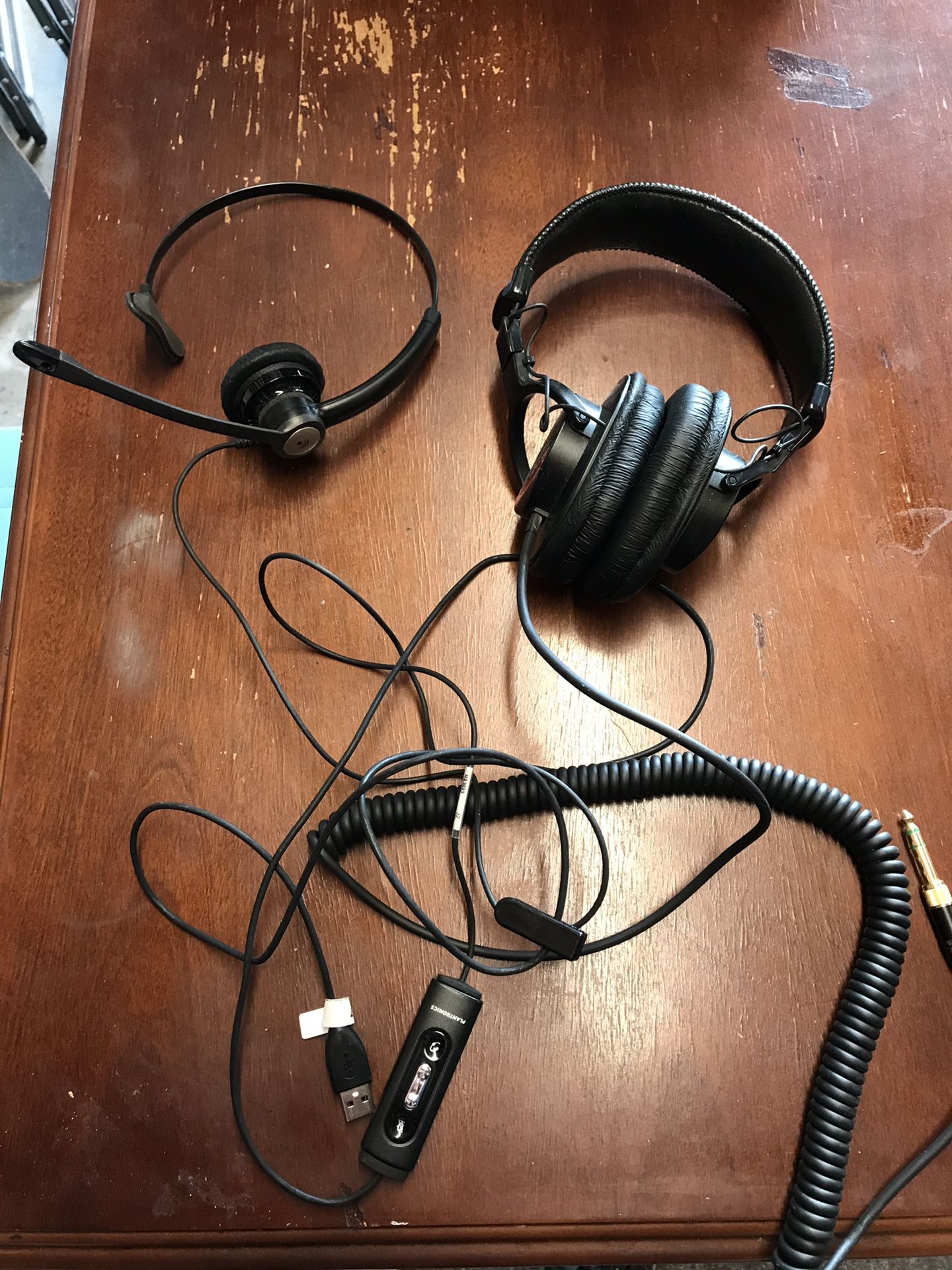 Plantronics headset and Sony headphones
