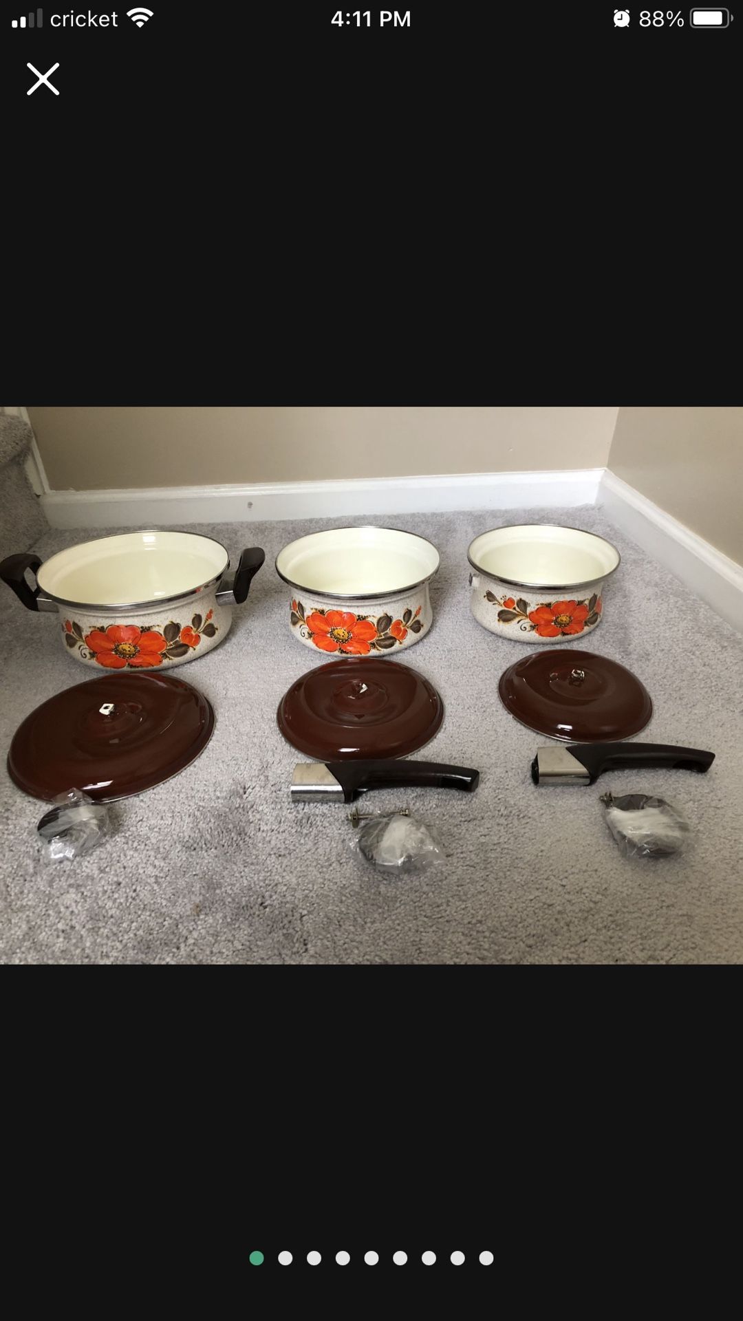 3 Vintage 70s Sanko Ware Show Pans Orange Poppy Japan Enamel