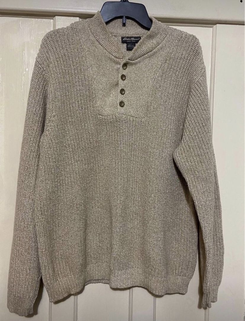 Eddie Bauer Vintage 80s Knit Henley Sweater L Tan Cream Grandpa