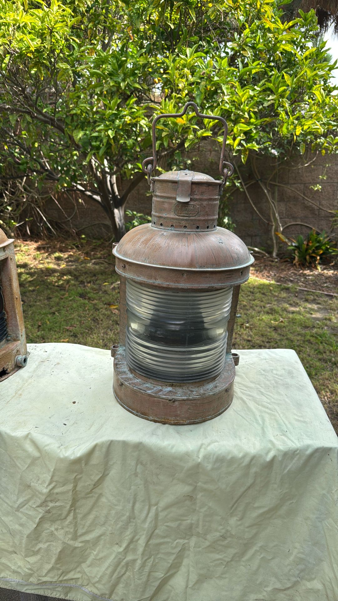 Antique 24” Tall A Ward Hendrickson Lantern Masterhead Clear Glass Lens Nautical Ship Metal Deco Ship Lamp Light