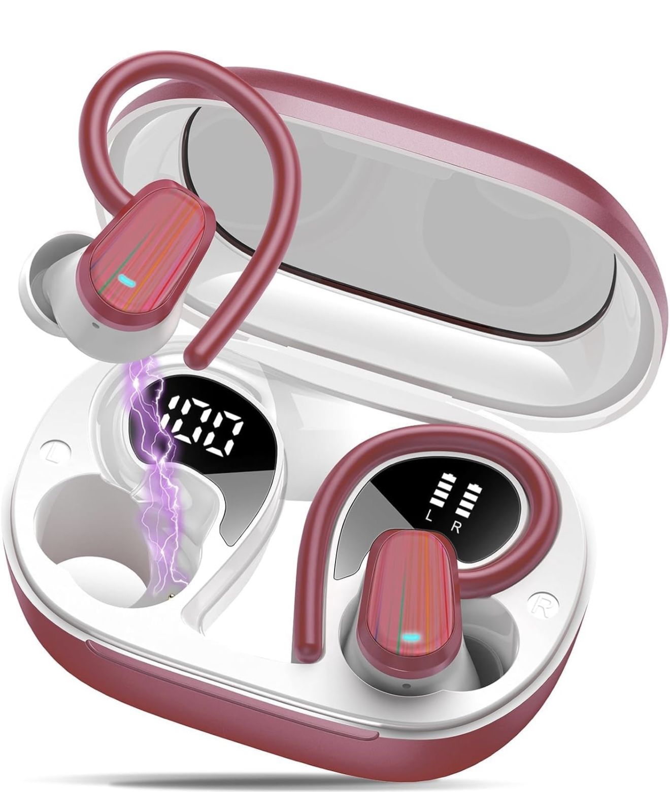 Wireless Earbuds, Headphones Sport Bluetooth 5.4, Over Ear Buds with ENC Noise Canceling Mic, Deep Bass Stereo Earphones with Hook, 50H Playback, LED