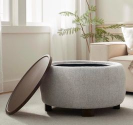 Upholstered Round Storage Ottoman with Wooden Tray beige