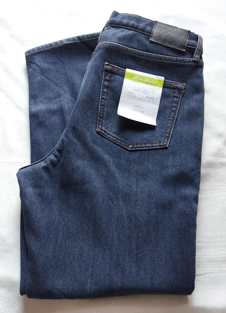 EDDIE BAUER NEW MEN'S FLANNEL-LINED FLEX JEANS ( SIZE 34x30 )