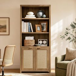 71" Tall Bookcase 5 Tier Rattan Bookshelf with Doors for Library Farmhouse Storage Book Shelf with Adjustable Shelves Large Book Case Bookshelves