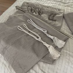 Curtain panels 52x84 + rod, tie hooks, tassel ties
