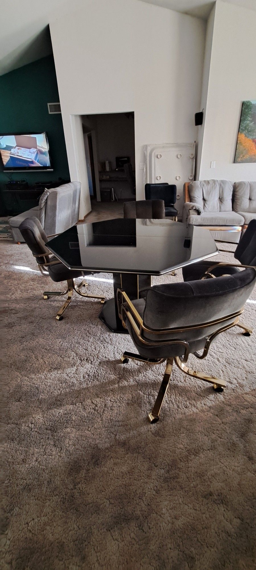 Mcm Art Deco Bkack Octagon Tabke And 4 Chairs