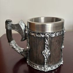 Vintage wood barrel, coffee mug with Axe handle