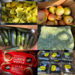 Peppers, Produce, vegetables , tomatoes. Potatoes, blackberries, pizza,
