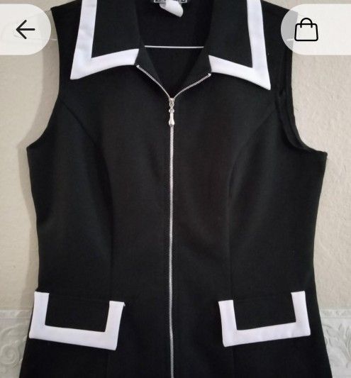 Zip Front Vest With Collar, Black & White