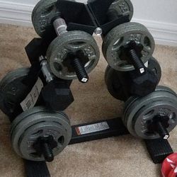 4 Metal Dumbbells, Stand, Two Rubber Coated Dumbbells 