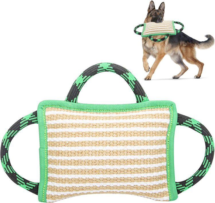 Dog Training Bite Pillow Linen Green Tug Toy with 3 Durable Handles, Tough Tug Toy for Medium to Large Dogs Interactive Playing, Ideal for Tug of War