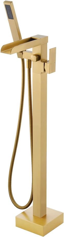 Free Standing Tub Faucet, Brass Floor Mount Tub Filler with Sprayer, High Flow, Brushed Gold