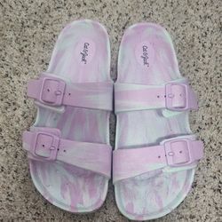 Cat & Jack Kids' Noa Footbed Sandals with a purple and blue tie-dye pattern. 