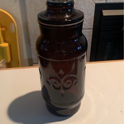 Vintage 1970's Borden Cremora Amber Glass Canister Apothecary Jar Fleur Di Lis 
