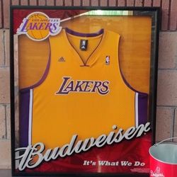 BUDWEISER / LA LAKERS JERSEY FRAME. ( ALSO PLENTY OF NEON SIGNS / LIGHTS AVAILABLE FOR SALE ) DODGERS & ANGELS BOBBLEHEADS AVAILABLE. TAP HANDLES .